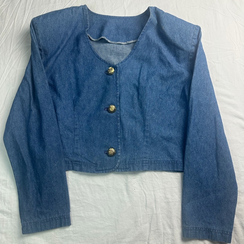 💙✨ Vintage Cropped Denim‎ Jacket Gold Buttons 80s 90s Chic ✨💙